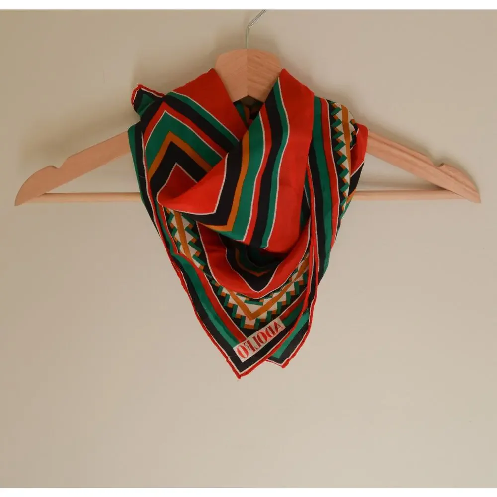 Vintage Silk Scarf Red Green Geometric Print - Picture 3 of 4